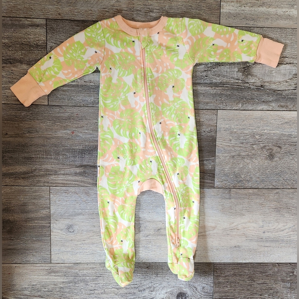 Cat & Dogma Baby Girl Green/Peach Tropical Organic Cotton Zippy Footie